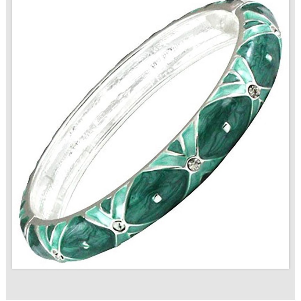 Teal Silver Crystal Bangle Bracelet Enamel Hinged Alloy Women Fashion Jewelry